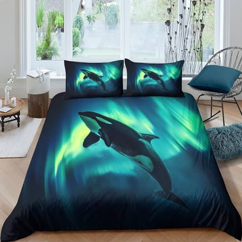 LENTLY Orca Bettwäschegarnitur Mädchen Junge Kinder 3D Gedruckter Sea Tiers Bettbezug Set Bettwäsche Reissverschluss Weich Microfaser Und Kissenbezüge 3 Teilig King（220x240cm）