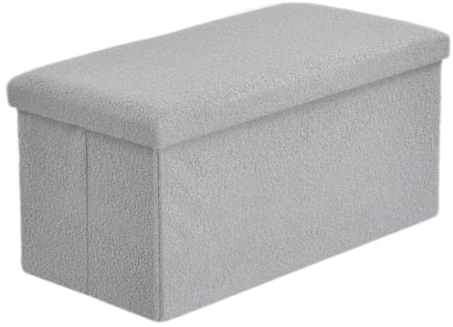 London Dream Foldable Ottoman Boucle Storage Box - Teddy Bear Fabric Two Seater Bench - Double Bed Furniture Foot Stool Seat Rest – Space Saver – Blanket, Toy Chest Organizerr (Silver, Large)