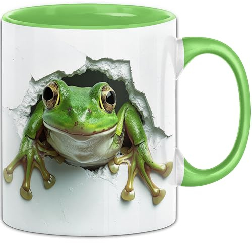 Trendation - 3D Frosch Tasse Geschenk Froschliebhaber Geschenkidee Kaffee-Becher Mit 3D Frosch Grafik (Grün)