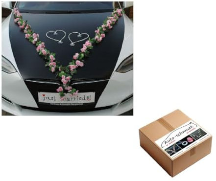 VIP Girlande 30 Azaleen 30 Rosen 18 extrastarken Saugnäpfen 2 x 180 cm Girlande 4 Türgriffdekorationen 2 Rattanherzen Braut Paar Autoschmuck Hochzeit Car Auto Wedding PKW ®Auto-schmuck (Rosa 1)