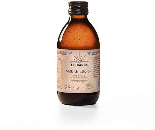 TERRAGEM - Mariendistelöl, Mariendistel, Distelöl Kaltgepresst, Vitamin E, Leber Kur, Vitamin E Öl, Premium-Qualität, Nährstoffreich, Geschmack und Aroma, Nahrungsergänzungsmittel, Glasflasche 250 ml