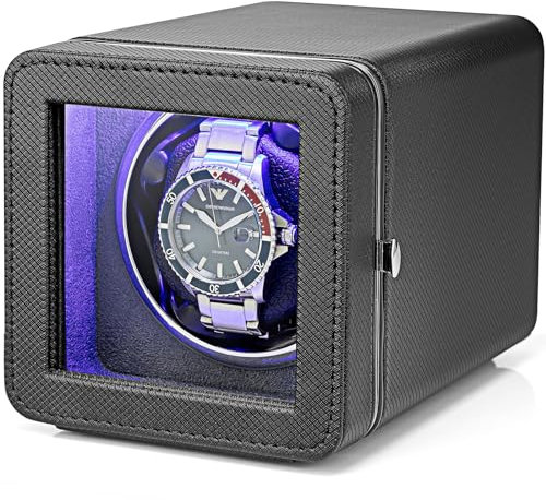Vlando Automatik Uhrenbeweger 1 uhr mit Japanischem Leisen Motoren, Quadratische Watch Winder, Uhrendreher mit 4 Rotationsmodi, LED-Licht und Typ-C-Adapter, Luxuriöser Leder mit Mesh-Textur