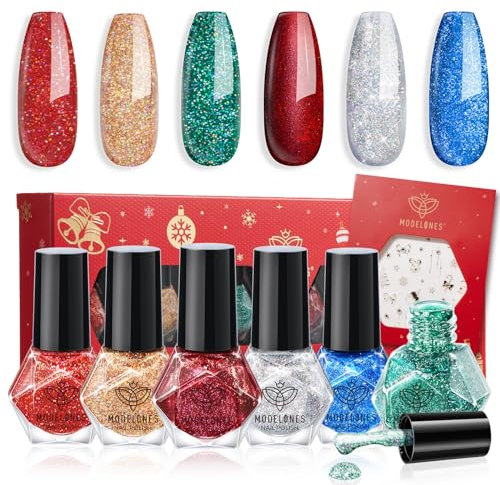 Modelones Nail Polish Set 6 Colors Christmas Red Green Nail Polish Kit Quick Dry Nail Polish Gold Silver Blue Glitter Nail Polish Manicure Diy Home Salon For Women