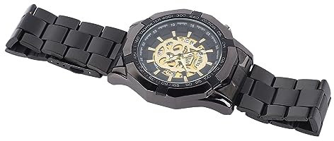 Yosoo Männer Freizeit Leuchtende Schädel Hohl Edelstahl Uhr, Individualität Stilvolle Geburtstag, Jubiläum (schwarzes Gold)