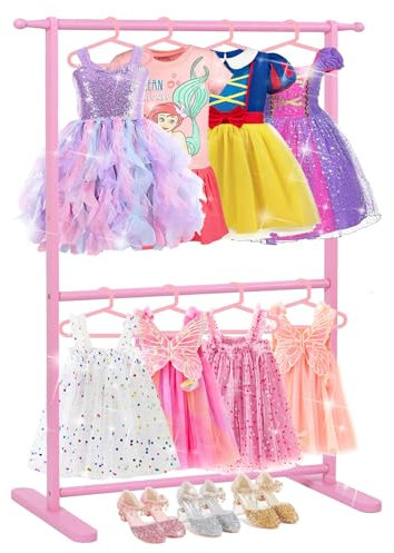Relquorax Porte-vêtements en bambou pour enfants avec double poteau, porte-habillage pour enfants, organiseur de vêtements, petit vêtement, parfait pour les costumes et les accessoires (rose)