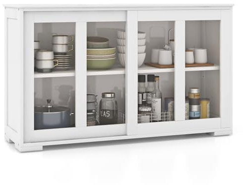 KOMFOTTEU Armario Bajo con Puertas Correderas de Vidrio, Mueble Auxiliar de Cocina con Estante Ajustable, Mueble de Almacenamiento para Comedor, Sala de Estar, 107 x 33 x 64 cm (Blanco)