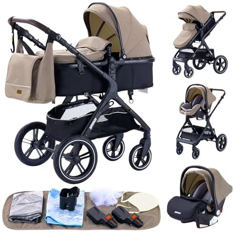GLOKID Kinderwagen 3 in 1,Reisesysteme, Buggy mit Umkehrbarem Zwei-Wege-Schub,Babywanne Buggy&Sportsitz,Voll-Gummireifen,Mit Einem Klick Zusammenklappbarer,Zubehör,Tragbarer (LQL HX1 Khaki)