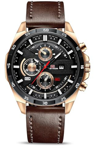 OFFCUP Herren Uhr Männer Analog Quarz Chronograph Braun Leder larmband, Armbanduhren Herren mit Datum, Uhren Mode Casual Business Uhr für Klassische Elegantes Geschenk -Schwarz