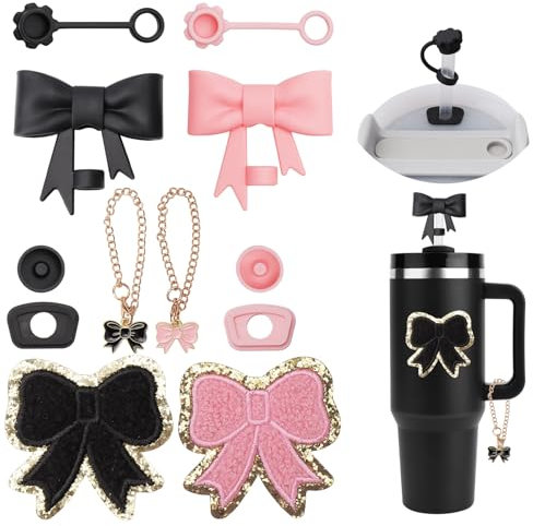 12 accesorios para vaso estilo lazo para Stanley Cup, tapa para pajita, pegatinas y charms personalizados para vaso, tapa para pajita y tapón anti-derrames para Stanley Cup (negro-rosa)