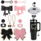 12PCS Bow-Style Tumbler Accessori per Stanley Cup, Tappo di copertura della paglia, Adesivi personalizzati e Charms per Tumbler. (nero-rosa)