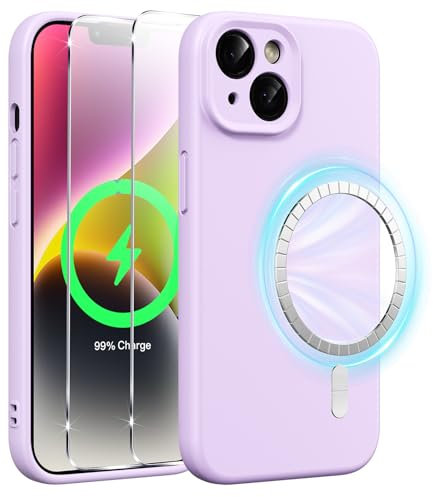 Xiltlly Magnetisch Silikon Hülle für iPhone 14 6,1 Zoll mit 2 Stück Schutzfolie, Kompatibel mit MagSafe, Stoßfeste Kratzfeste Handyhülle für iPhone 14, Lila