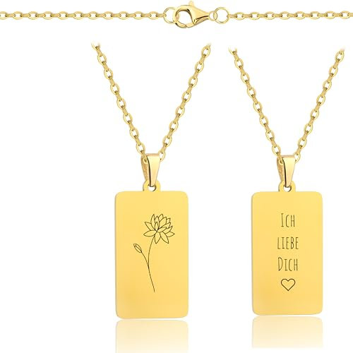 Lumari Gold Personalisierte Halskette mit Geburtsblume & Initialen Gravur – Rechteck Medaillon Gold, Edelstahl Anhänger langlebig & hypoallergen – Geschenk für Damen, Herren, Partner & Familie