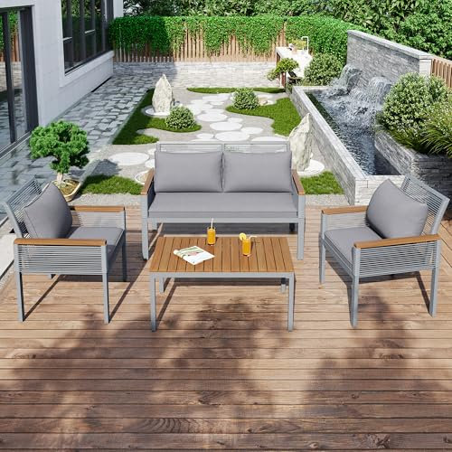 Gartenmöbel Sitzgruppe Set aus Rattan für Garten für 4 Personen, Outdoor Gartenmöbel-Set Essgruppe Lounge Sofa mit Tisch & Stühle, Balkon Möbel mit Sessel & Couchtisch, Gartenlounge (Grau)