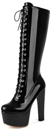 Veelau Meieer Damen Stiefel Kniehoch Plateaustiefel Schnürstiefel mit Plateau Blockabsatz