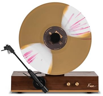 Fuse GLD Standalone Vertical Vinyl Record Player | Gold Trim | 5.3 Bluetooth, AUX | Premium Cartridge | Built-in 50W Amp | Vintage Mid Century Modern | Handcrafted Ashtree Wood
