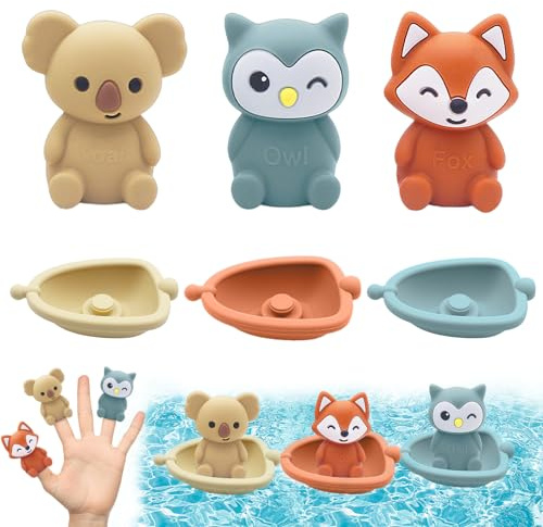 Set Giocattoli da Bagno Animali, 3 Pezzi Giocattoli da Bagnetto per Bambini, con Barchine Galleggianti e Pupazzi di Dito, Giochi Vasca da Bagno Bambini per Bagno, Piscina, Spiaggia