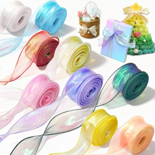 VEYCVLA 9 Rullar Presentband Organza (40mm x 9m) - Glittrande Chiffongband för Bröllop, Dop, Inbjudningar & Pyssel - 9 Regnbågsfärger (81m Totalt)