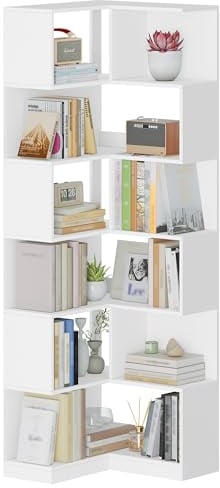 Hzuaneri Bücherregal, Eckregal, 60 x 54 x 181,5cm, 6 Ebenen, Weiß | L-förmiges Regal mit Ablageflächen, für Wohnzimmer Schlafzimmer Arbeitszimmer, Holzwerkstoff, BC29303X