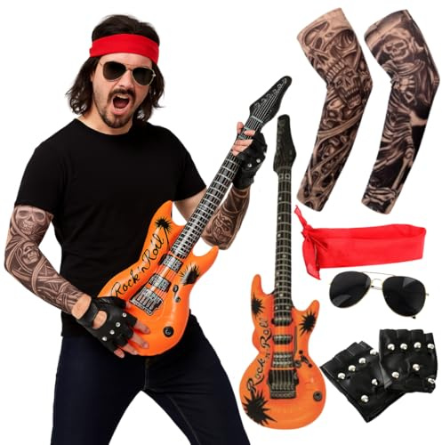 Rock Star Heavy Metal Costume Accessory Set for Adults – Fancy Dress Kit with Retro Sunglasses, Gloves & Inflatable Guitar for 80s Rock Party, Cosplay & Halloween