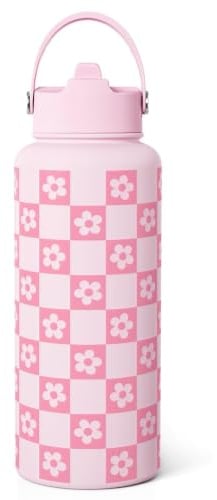 Wasserflasche für Mädchen Rosa Karomuster Trinkflasche aus Edelstahl (946 ml) mit Deckel und Strohhalm, isolierte Flasche mit Schachbrettmuster, Geschenkidee für Frauen