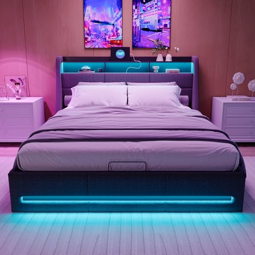 Cama con arcón 160x200 con LED,Cama tapizada,Cama Acolchada LED Almacenamiento hidráulica con Puerto USB, Camas Acolchadas con arcón,Camas Dobles con Almacenamiento,Cama Funcional Juvenil(Gris+Lin-1)