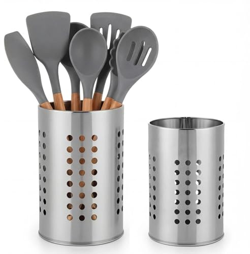 Gykutix Lot de 2 Pot Ustensiles Cuisine Porte Ustensiles Cuisine en Acier Inoxydable Egouttoir Couvert Verticalen Rangement Pot Ustensile Rond pour Couteau Fourchette Cuillère Baguettes