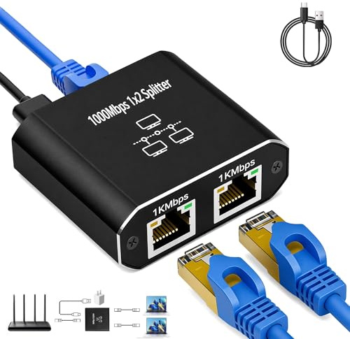 Ethernet Splitter 1 to 2 Out, 1000Mbps High Speed RJ45 Network Splitter with USB C Power Cable, Gigabit Internet Splitter Metal Shell Hub for Router, Modem, PC, TV, Support Cat5/Cat5e/Cat6/Cat7/Cat8