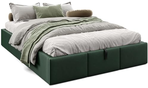 murando - Samt Polsterbett 140x200 cm, Flaschengrün, mit Stauraum, modern | Stabiles Bettgestell mit Stauraum, inklusive Lattenrost, pflegeleichter Samtbezug, langlebig, stilvoll, modern, bequem