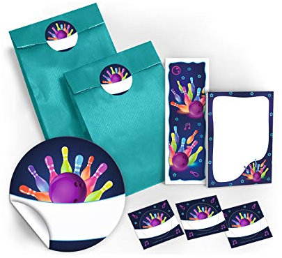 12 Geschenktüten/Petrol + 12 Aufkleber + 12 Lesezeichen + 12 Mini-Notizblöcke Bowling neon/Mitgebsel Gastgeschenk für Kinder Jungen Mädchen beim Kindergeburtstag Geburtstag
