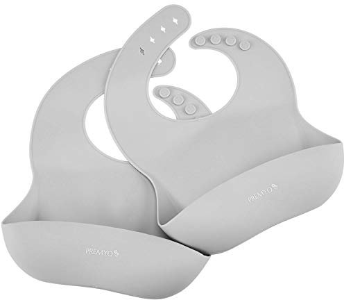 PREMYO 2er Set Baby Lätzchen mit Auffangschale - Abwaschbar Wasserdicht aus Silikon - Weich Verstellbar Grau