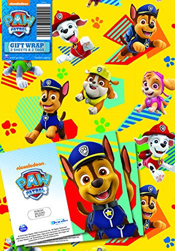 Paw Patrol Papier cadeau officiel, 2 feuilles et 2 étiquettes, papier cadeau pour cadeaux, emballage cadeau sous licence officielle Climate Pledge Friendly
