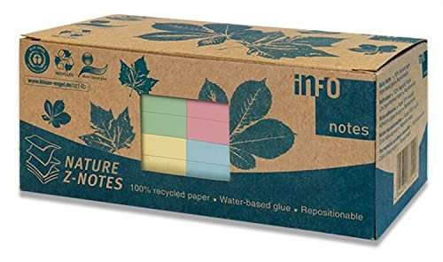 inFO Notes 100% Recycling Haftnotizen, pastellmix, zertifiziert mit dem Blauen Engel, 100 Blatt pro Block, 12 Blöcke in Recycling Box verpackt, 75 x 75 mm