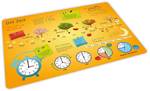 stabiles Vinyl Tischset mit Lerneffekt für Kinder - Zeit Jahreszeiten Uhrzeit - Platzdeckchen Platzset - BPA frei - abwaschbar reißfest farbecht - Geschenk Schuleintritt Schulanfang Einschulung