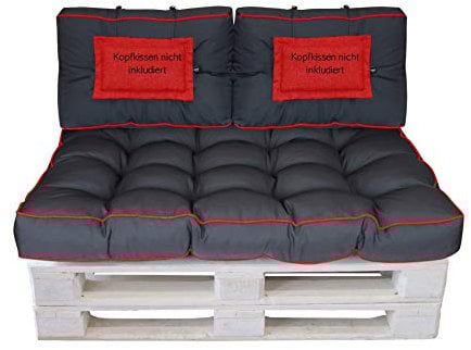 LILENO HOME Palettenkissen Set Anthrazit u. Rot - Set 2: (1x Sitzteil + 2X Rückenteil klein) - Polster für Europaletten - Palettenkissen Outdoor als Sitzkissen für Palettenmöbel