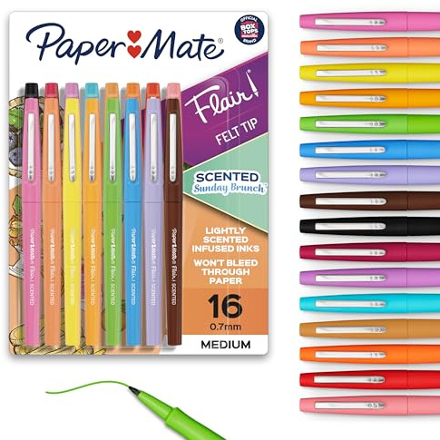 Paper Mate Flair Sunday Brunch Scented Felt Tip Pens, Medium Point (0.7mm), 16 Count - For Journaling, Writing, Note-Taking, Fun Teacher Supplies