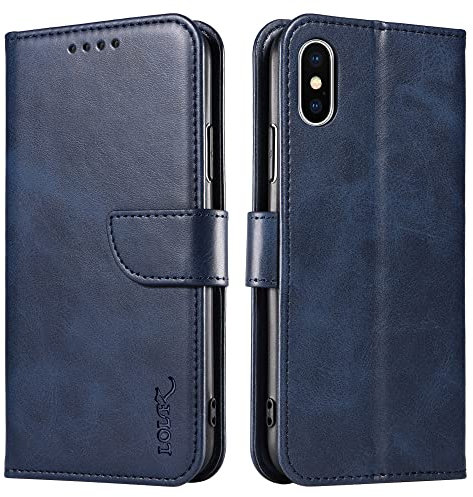 LOLFZ Wallet Case for iPhone X iPhone XS, Vintage Leather Book Case with Card Holder Kickstand Magnetic Closure Flip Case Cover for iPhone X iPhone XS - Blue