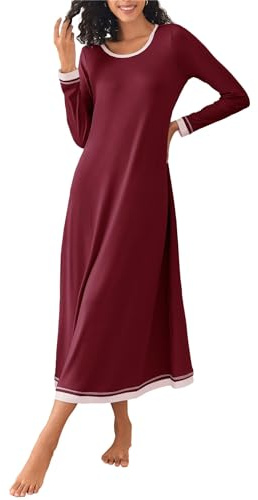 Ekouaer Damen Nachthemd Langarm Elegant Sleepshirt Weich Schlafkleid Lange Nachthemden Kontrastfarbe Nachtkleid Locker Sleepwear S-XXL