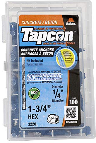 100 Pack 1/4 x 1-3/4 Hex Head Concrete Screws, with Drill Bit