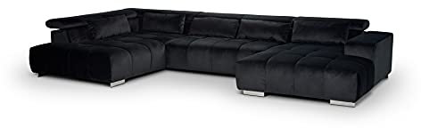 Mivano Wohnlandschaft Orion / Riesige Sofalandschaft in U-Form inkl. XL-Recamiere und Kopfteilfunktion / 409 x 73 x 225 / Velours, Schwarz