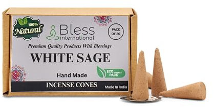 Bless-International White Sage Incense-Cones Handmade-Hand-Dipped Organic-Chemicals-Free for-Purification-Relaxation-Positivity-Yoga-Meditation The-Best-scents (20 Count)