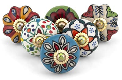 Craft Trade Cabinet Knobs for Dresser Drawers Decorative Assorted Colorful Ceramic Pull Handle for Kitchen Cupboard Wardrobe Furniture Hardware - Multicolor - Pack of 6