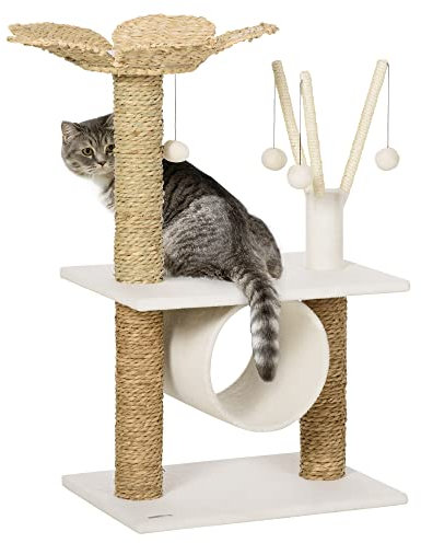 PawHut Árbol Rascador para Gatos Mediano Altura 91 cm Torre para Gatos con Cama Forma de Flor Plataforma Postes Rascadores Túnel y Bolas Colgantes 56x40x91 cm Blanco y Marrón
