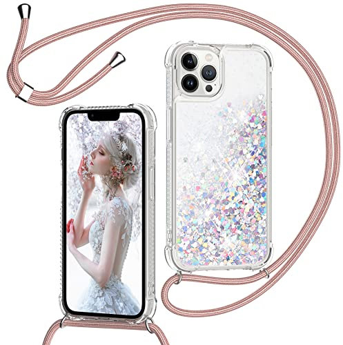 TUUTPU Handyband für iPhone 14 Pro 6,1'' Hülle mit Band, Glitzer Treibsand Handyhülle mit Kordel zum Umhängen Transparent Stoßfest Schutzhülle mit Kette Schnur, Quicksand Necklace Case in Roségold