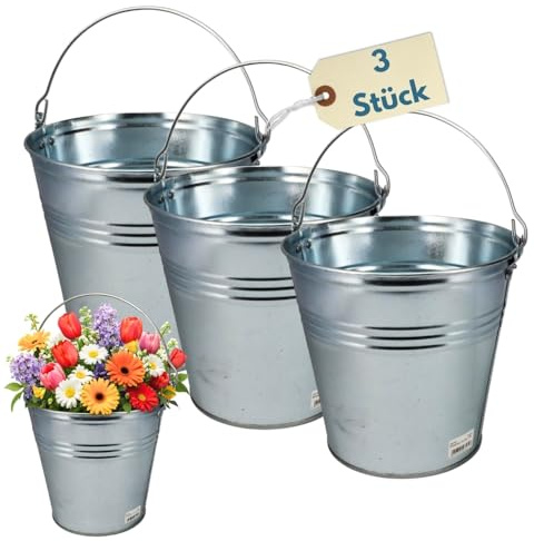 Zinkeimer Ascheeimer Metalleimer verzinkt Blecheimer für Garten Asche Eimer Blumentopf Metall Eimer 10 L Wassereimer Baueimer Futtereimer Garteneimer Dekoeimer 3 St.