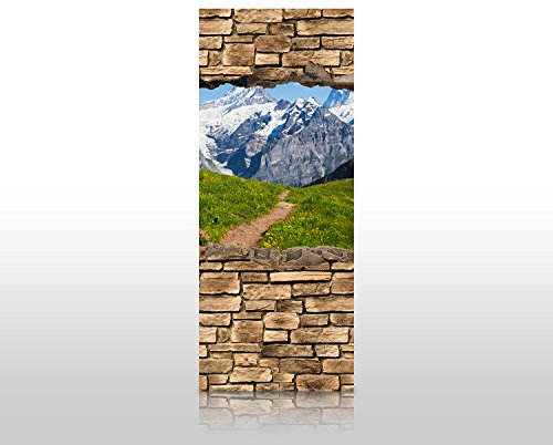 wandmotiv24 Duschrückwand 3D Sommerwiese in den Alpen - Steinmauer 80 x 200cm (B x H) - Aluminium 3mm M0658