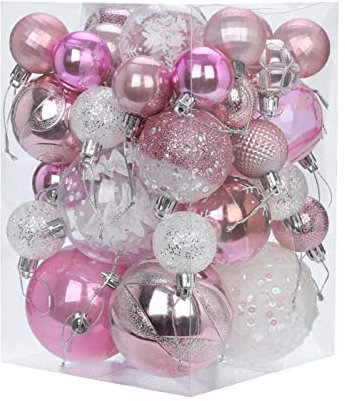 Yokawe 36 Weihnachtsfans Sie 2,36 Weihnachtskugel-Weihnachtsschmuck, bruchsicherer, polierter Weihnachtsbaum-Anhänger, geeignet für Feiertagsparty-Tisch-Weihnachtsbaum. Weiß & Pink Einheitsgröße