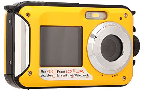 Underwater Camera, Full HD 2.7K 48MP Waterproof Digital Camera, 10ft Depth Waterproof Design, 16X Digital Zoom Underwater Digital Camera, Front Rear Double Screens (Yellow)
