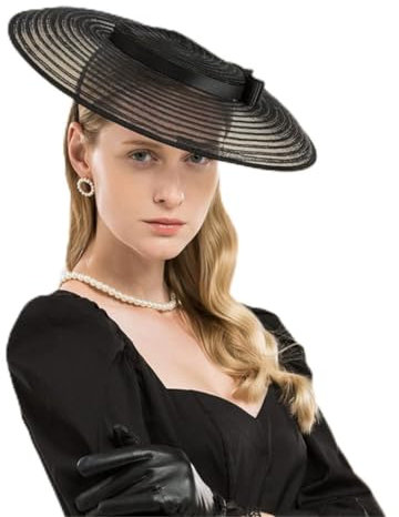 Sombreros de iglesia negros grandes, sombreros de ala ancha, tocados para mujer, lazo blanco, gorra de vestido de fiesta de boda