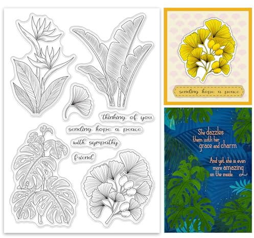 ORIGACH Blätter Klarer Stempel für Kartenherstellung Ginkgo Biloba Monstera Tropische Blätter Transparente Silikonstempel für DIY Scrapbooking Journaling Fotoalbum Bastelbedarf