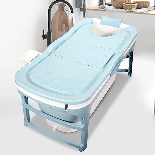 Izrielar Baignoire pliable pour adulte - Baignoire pratique et mobile avec couvercle amovible, porte-savon et repose-nuque - Taille L - 118 x 60 x 50 cm - Bleu